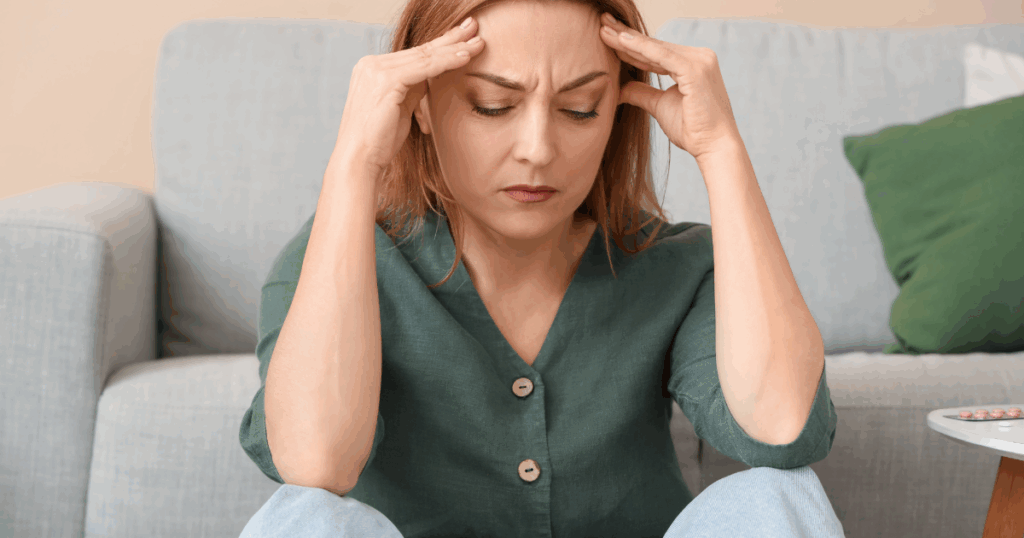 Red headed woman in green shirt with hands on face looking frustrated.