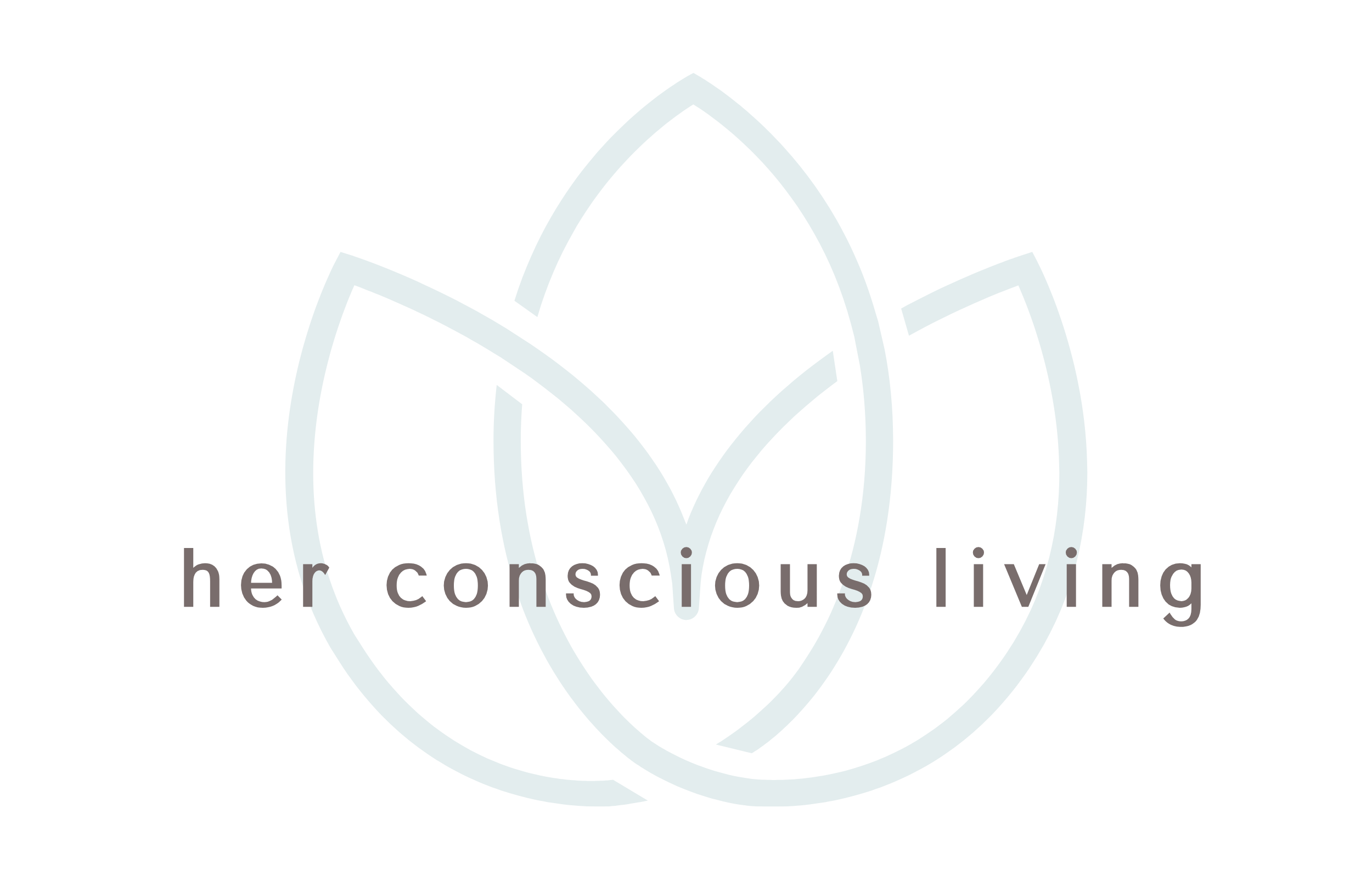 her conscious living logo taupe grey text with a faded light blue lotus flower mobius.